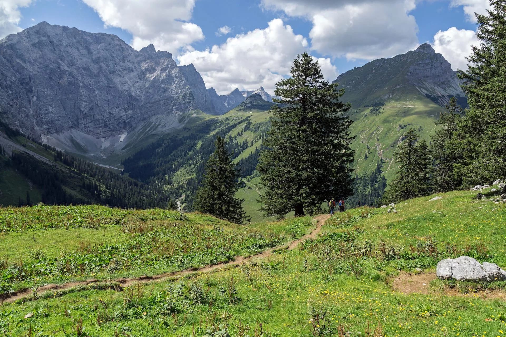 Hikers on dirt path through alpine meadow toward steep mountains under cloudy sky