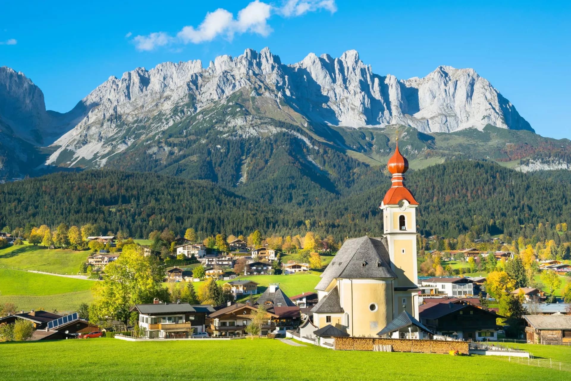 Beautiful view of Heiliges Kreuz Church and Going am Wilden Kaiser village - Tyrol, Austria