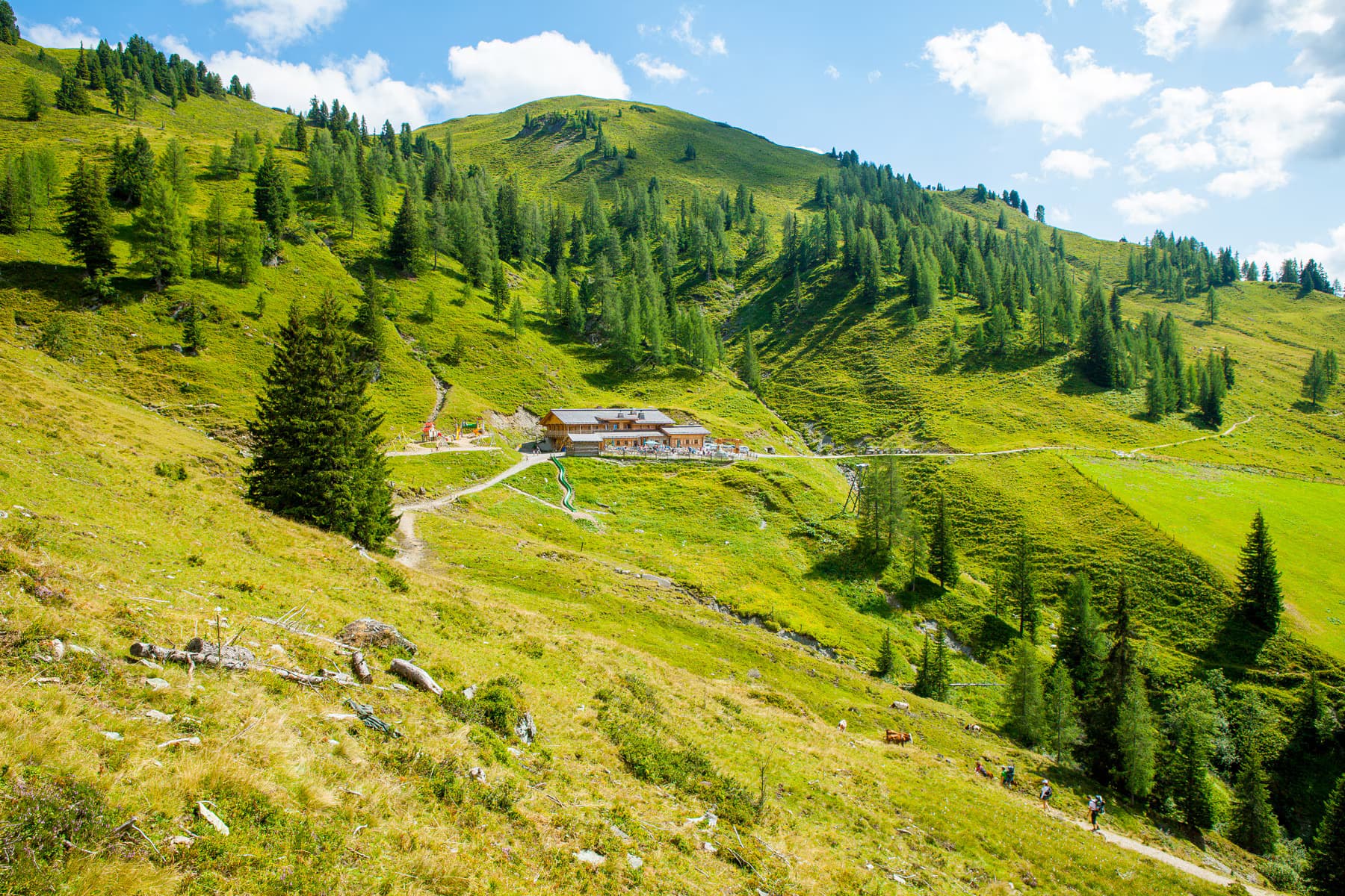 Alpine mountain hut nestled in a green valley with hikers on a trail.
