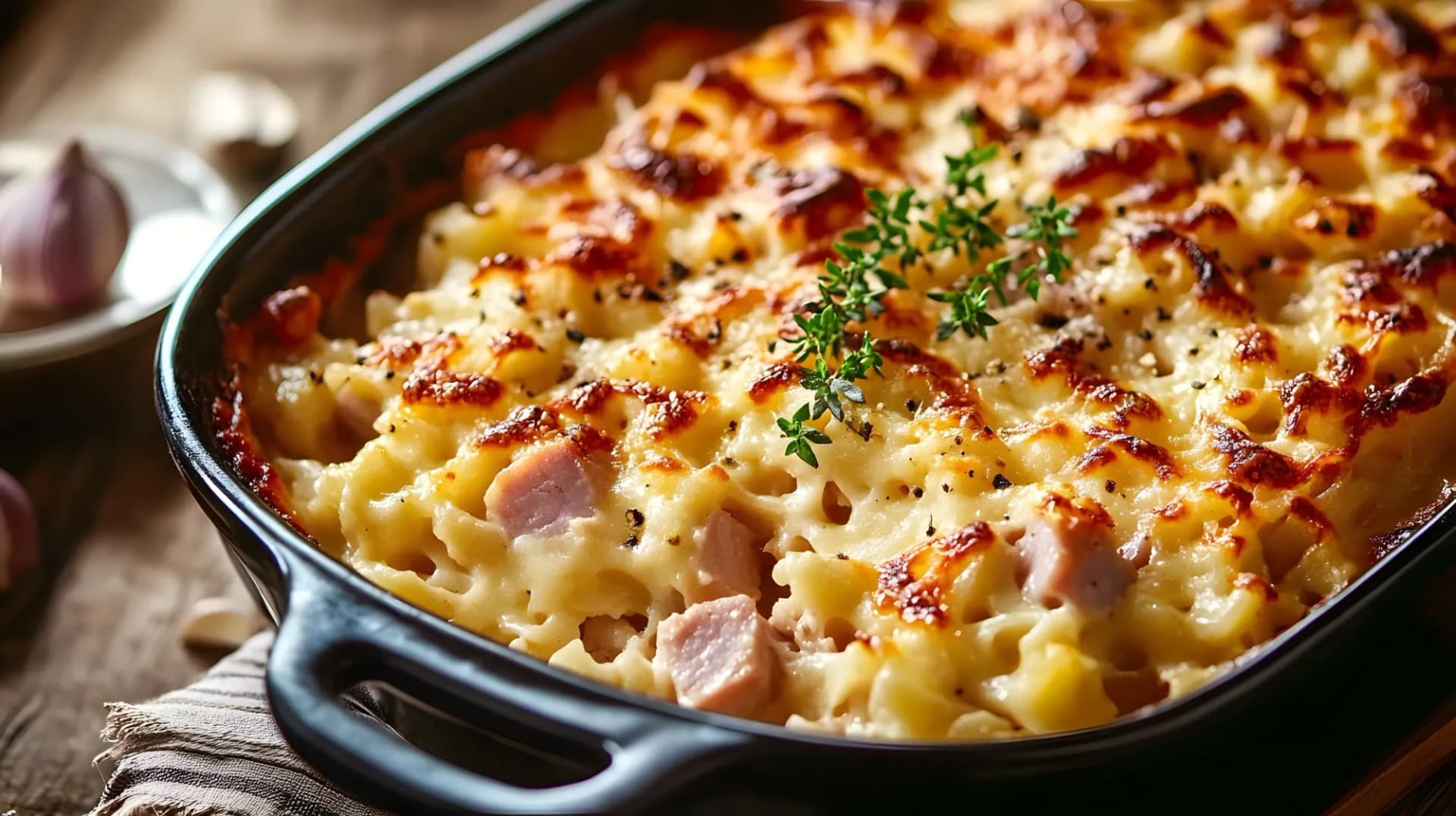 Austrian Baked Ham Cheese and Noodle Casserole closeup on the baking dish on the table Horizontal : Generative AI