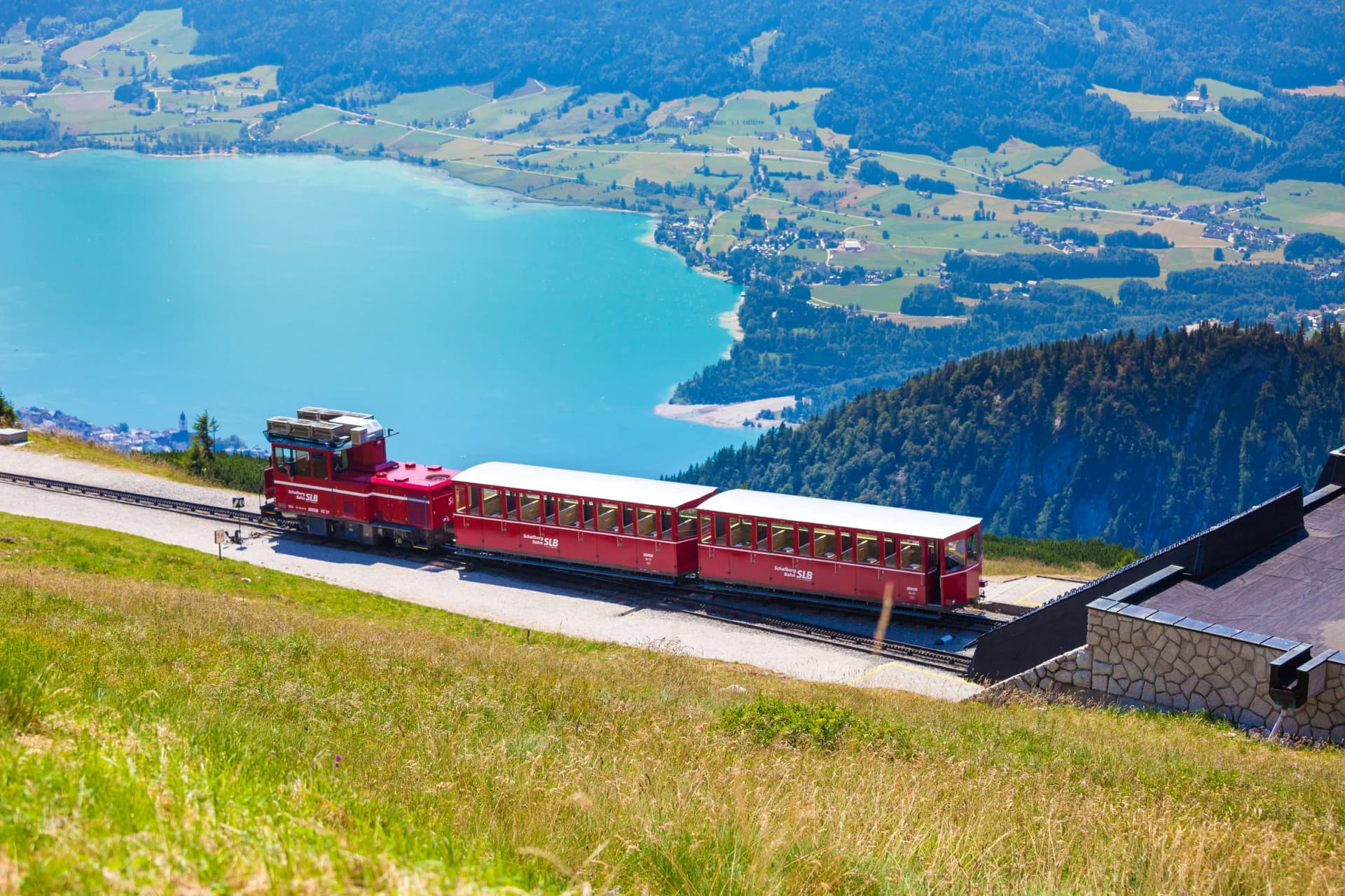 Diesel train railway carriage going to Schafberg Peak