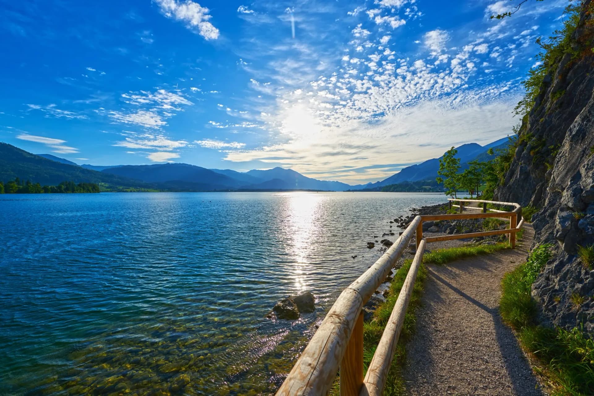 footbridge on Lake Wolfgang. Austrian Alps, Salzburg region.