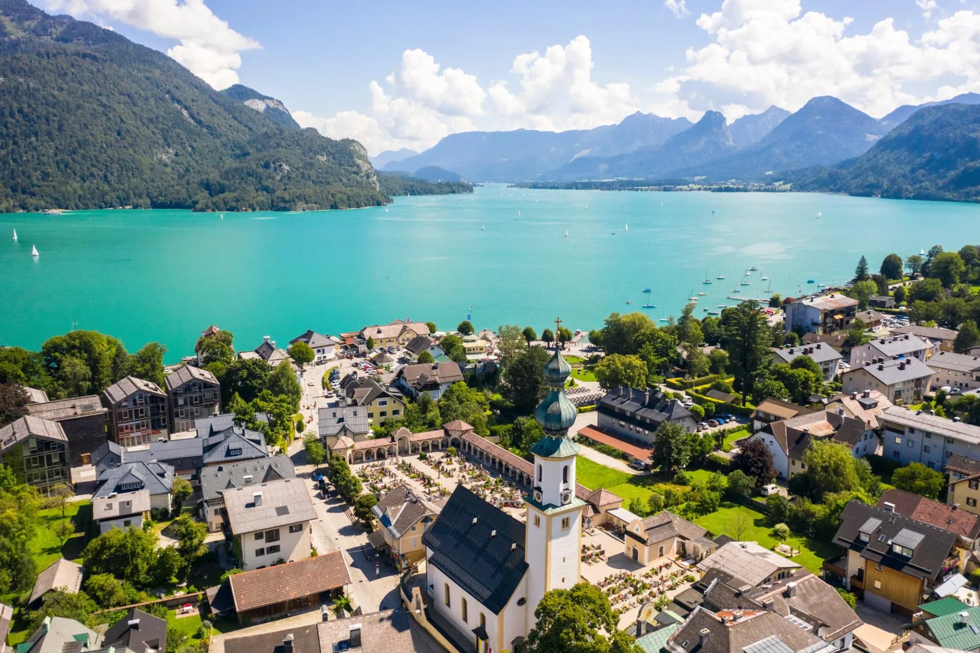 Aerial of Saint Gilgen (Sankt Gilgen) on Wolfgangsee lake, Austria