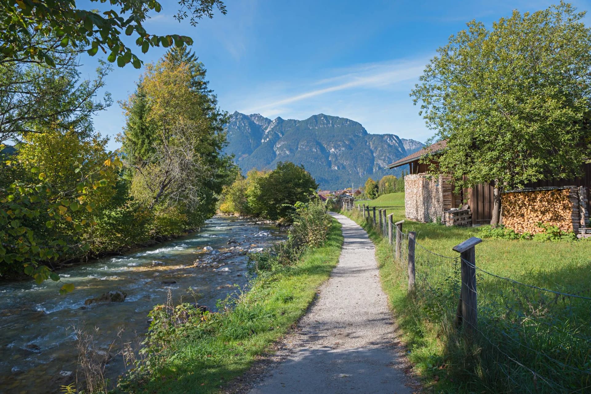 footpath along Partnach river, Garmisch-Partenkirchen. bavarian landscape in autumn