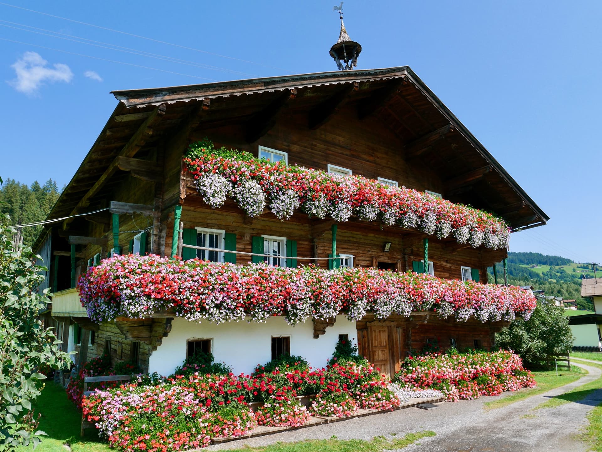 Traditional wooden house in Austria with balconies overflowing with red and pink flowers.
