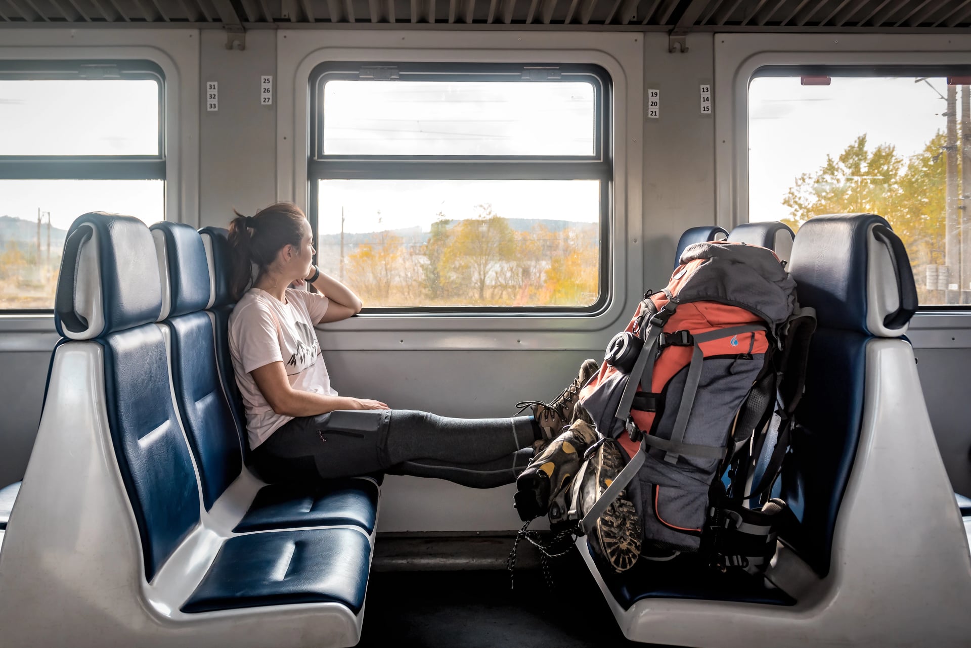 touriste avec un sac à dos assis dans le train