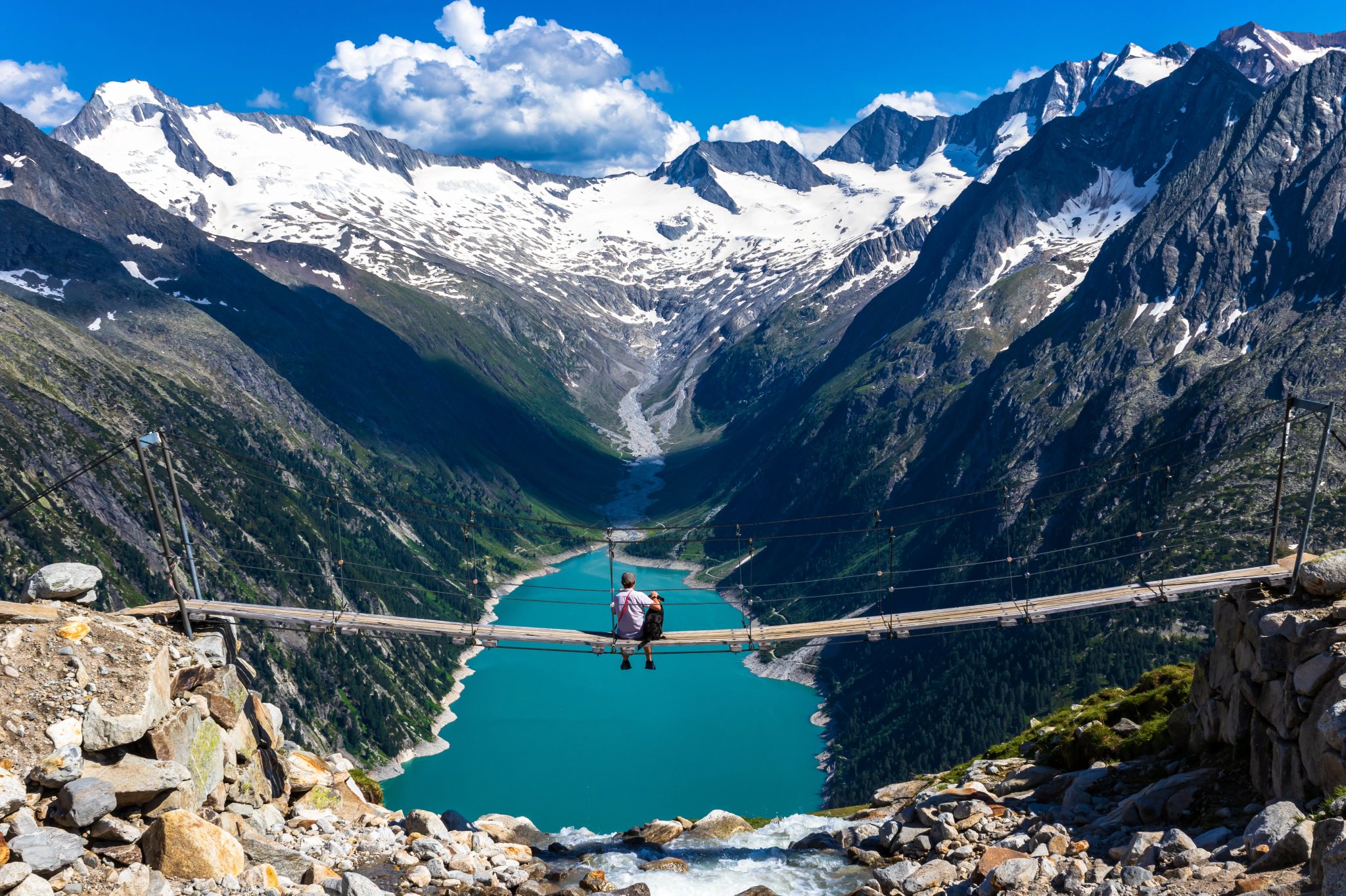 Randonneur avec un chien regardant la vue du Schlegeisspeicher depuis le pont de l'Olperer Hütte