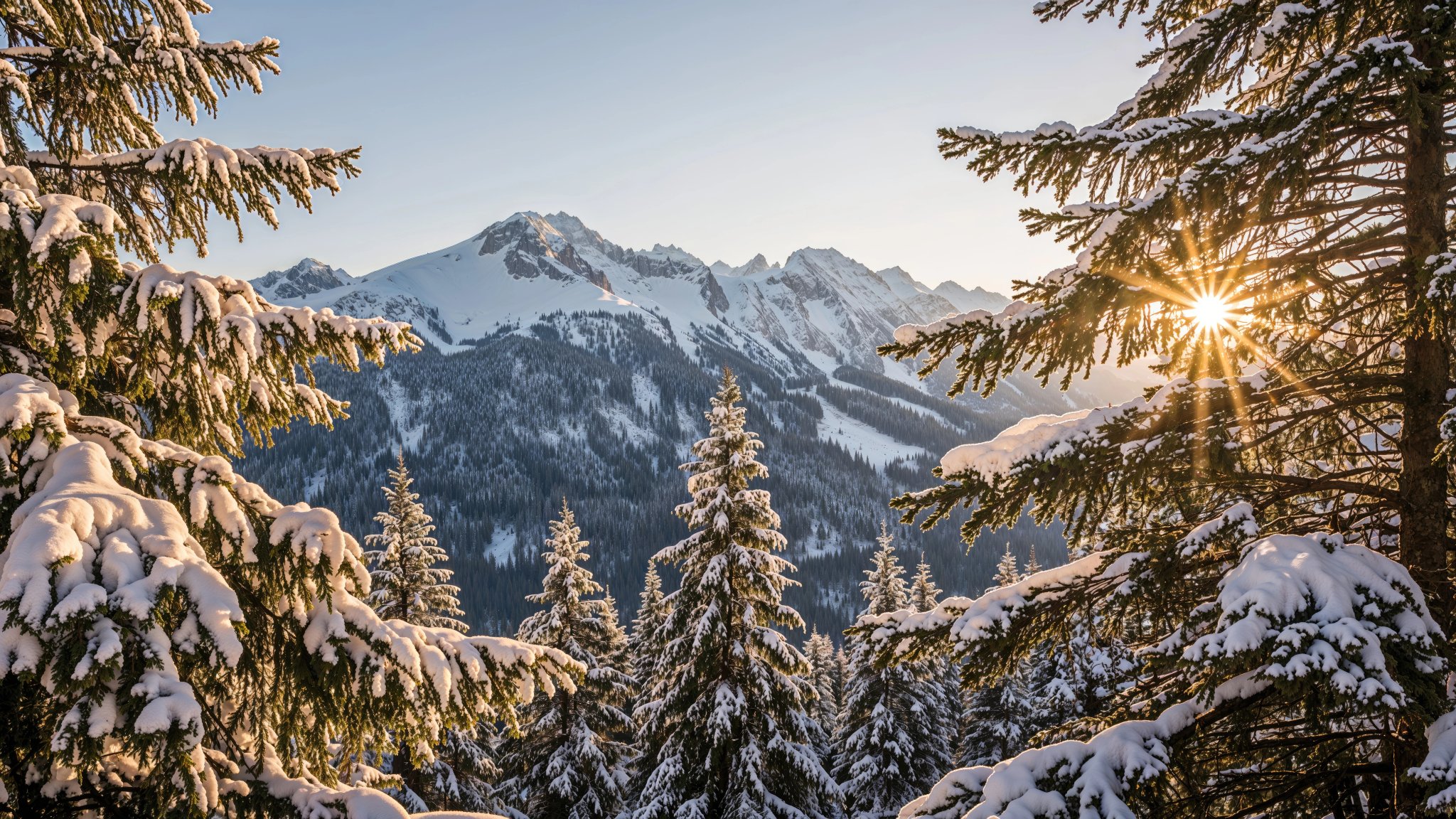 Des rayons de soleil brillants traversent des arbres conifères couverts de neige, encadrant une vue alpine d'hiver spectaculaire
