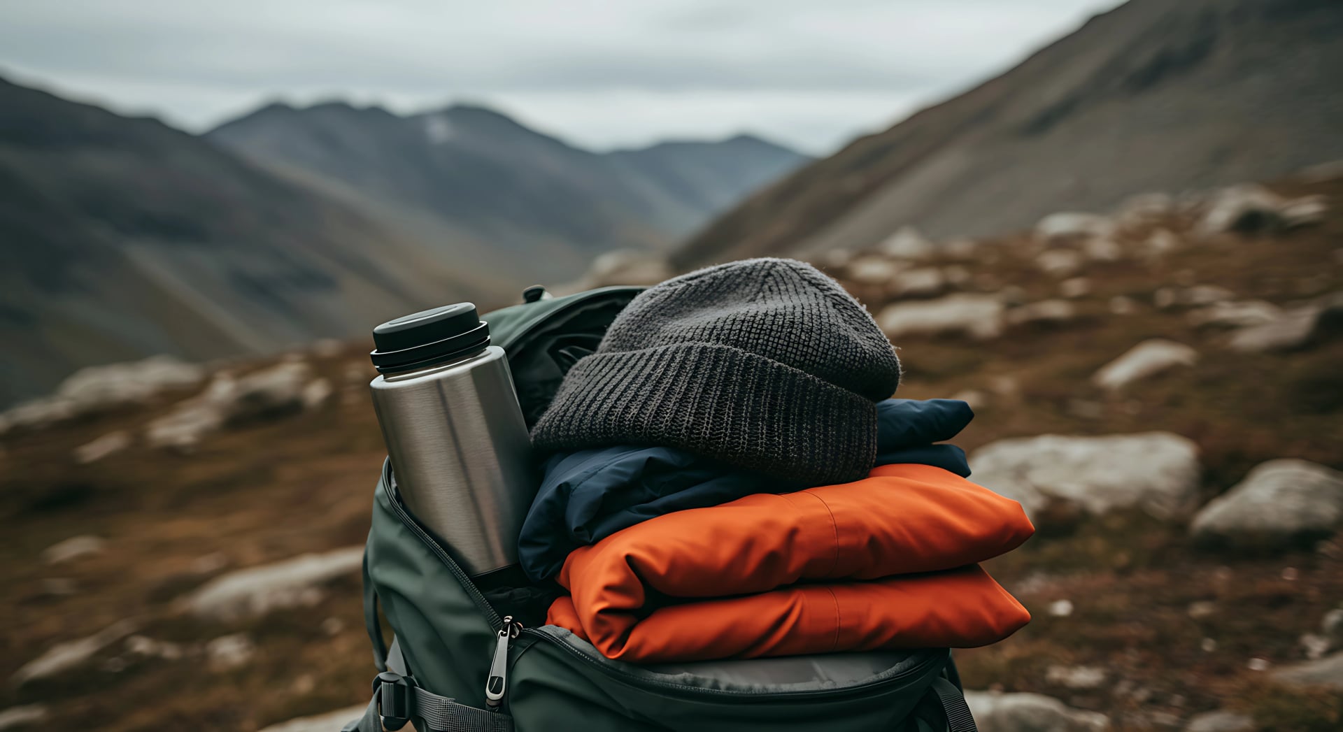 Rucksack packen für Outdoor-Abenteuer in den Bergen mit warmer Kleidung und Wasserflasche