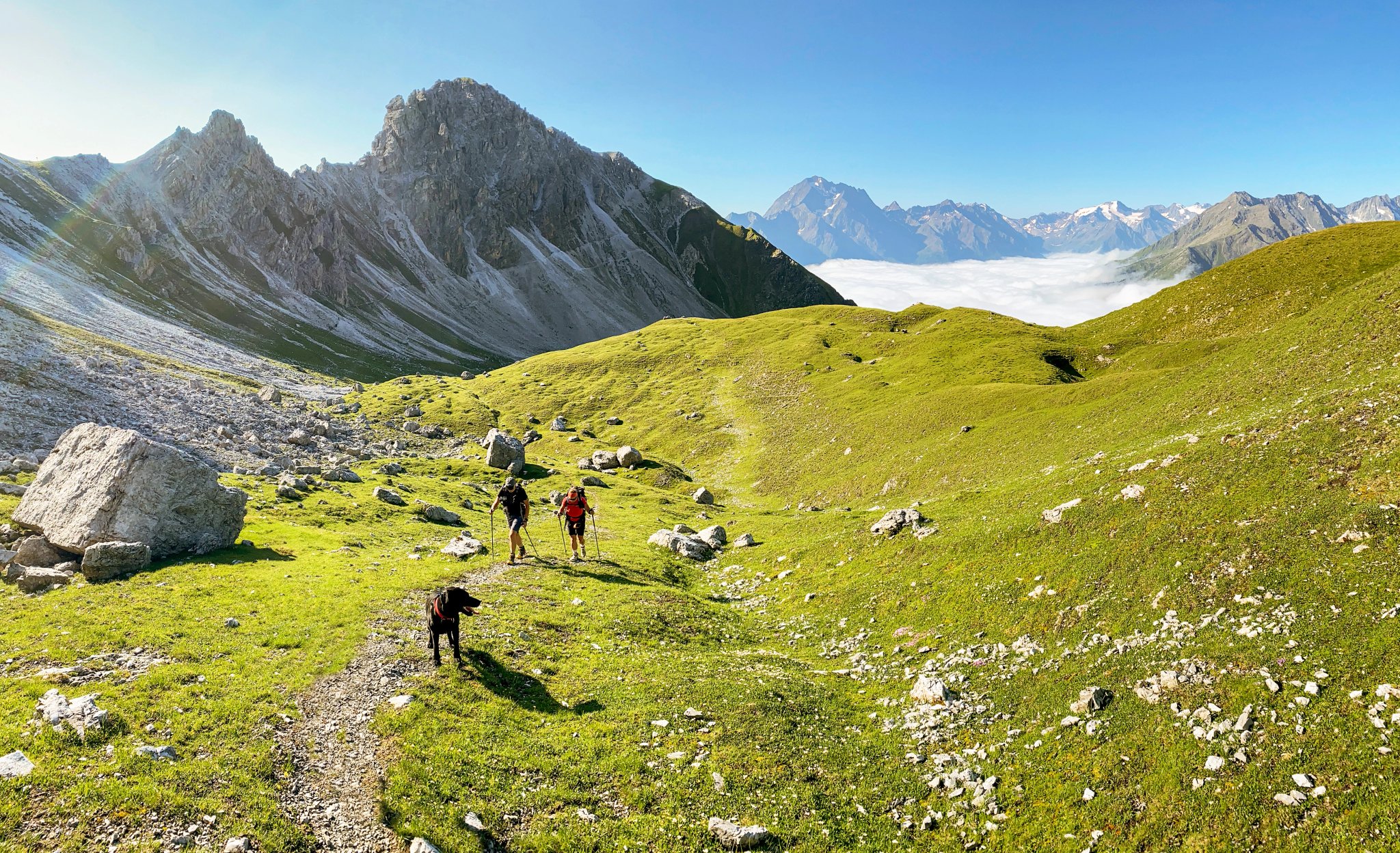 Hiking near Starkenburger hut at Stubai High Trail (Stubaier Höhenweg), one of the most beautiful high-altitude hikes in the austrian Alps, near stubai glacier and Innsbruck in summer, Tirol Austria