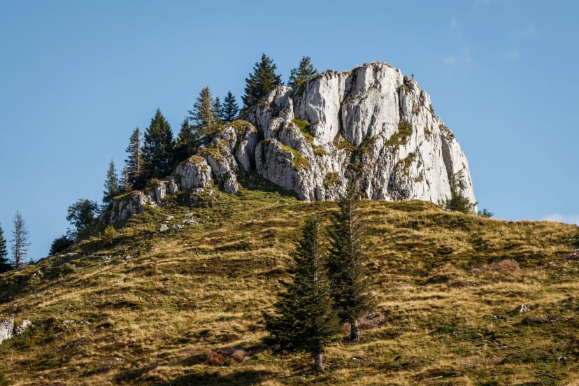 Vormauerstein summit in Alps mountains, St. Wolfgang im Salzkammergut, Austria. Rocky mountain peak in nature