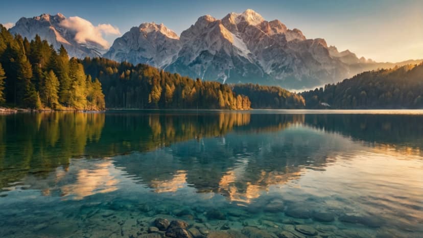 Impressive summer sunrise on Eibsee lake with Zugspitze mountain range. Sunny outdoor scene in German Alps, Bavaria, Germany, Europe. Beauty of nature concept background.
