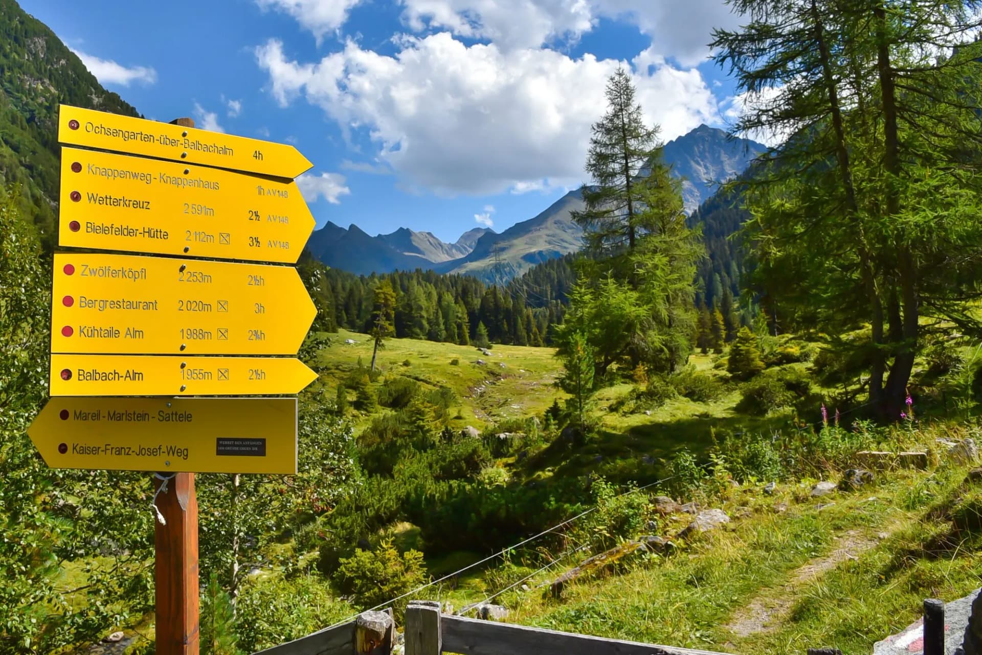 Kuhtai, Tyrol, Austria - September 2016. Signpost of hiking trails in the Sellrain valley near Kuhtai.