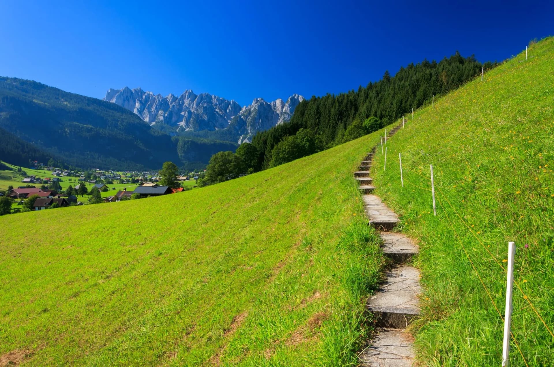 Steps of mountain path in alpine village, Gosau, Austria