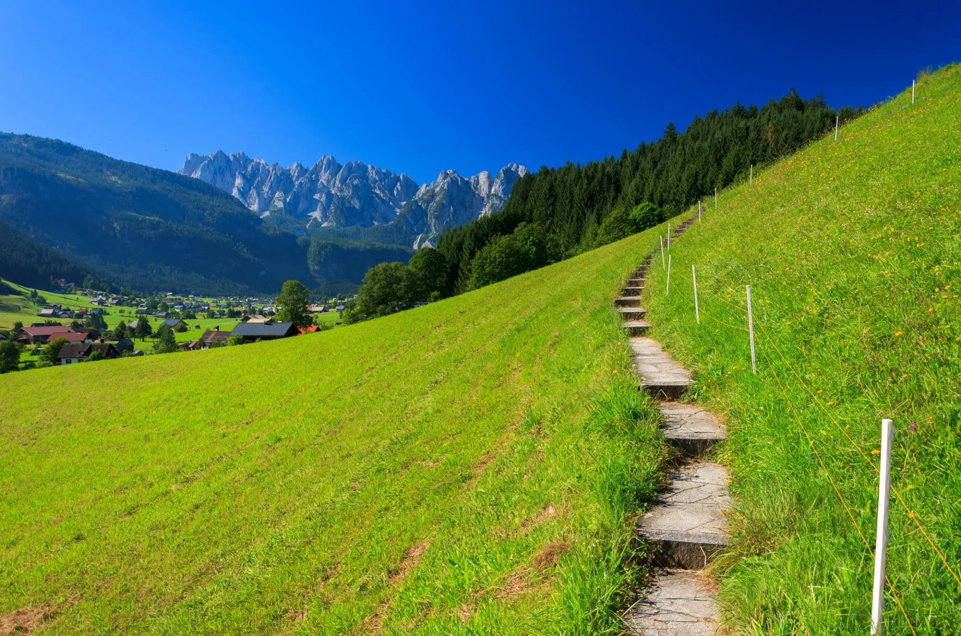 Steps of mountain path in alpine village, Gosau, Austria