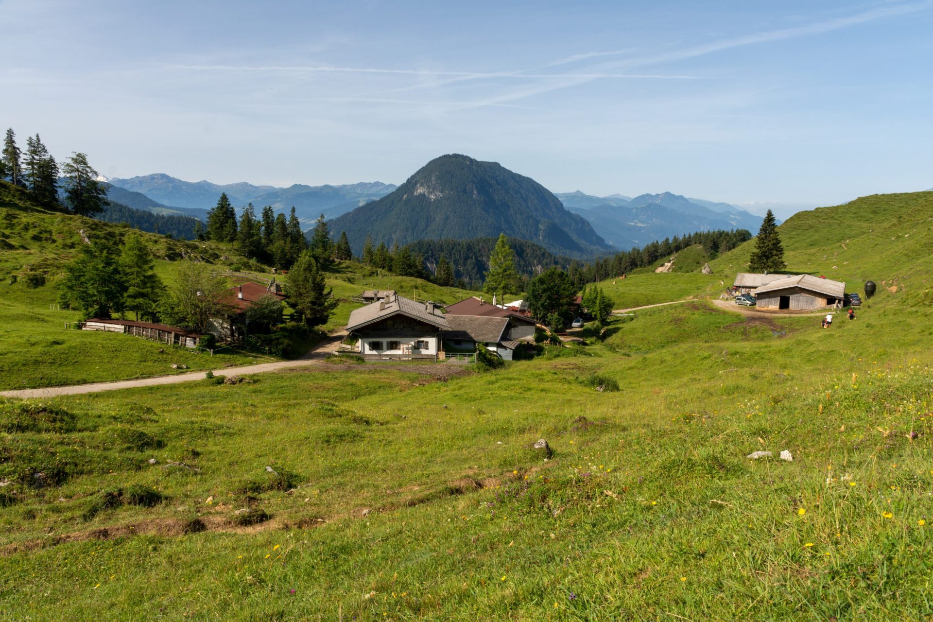 Scheffau, Austria - June 18, 2022: Mountain pasture of Walleralm
